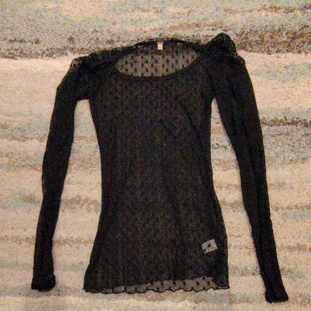 Free People Black Sheer Lace Long Sleeve Tee